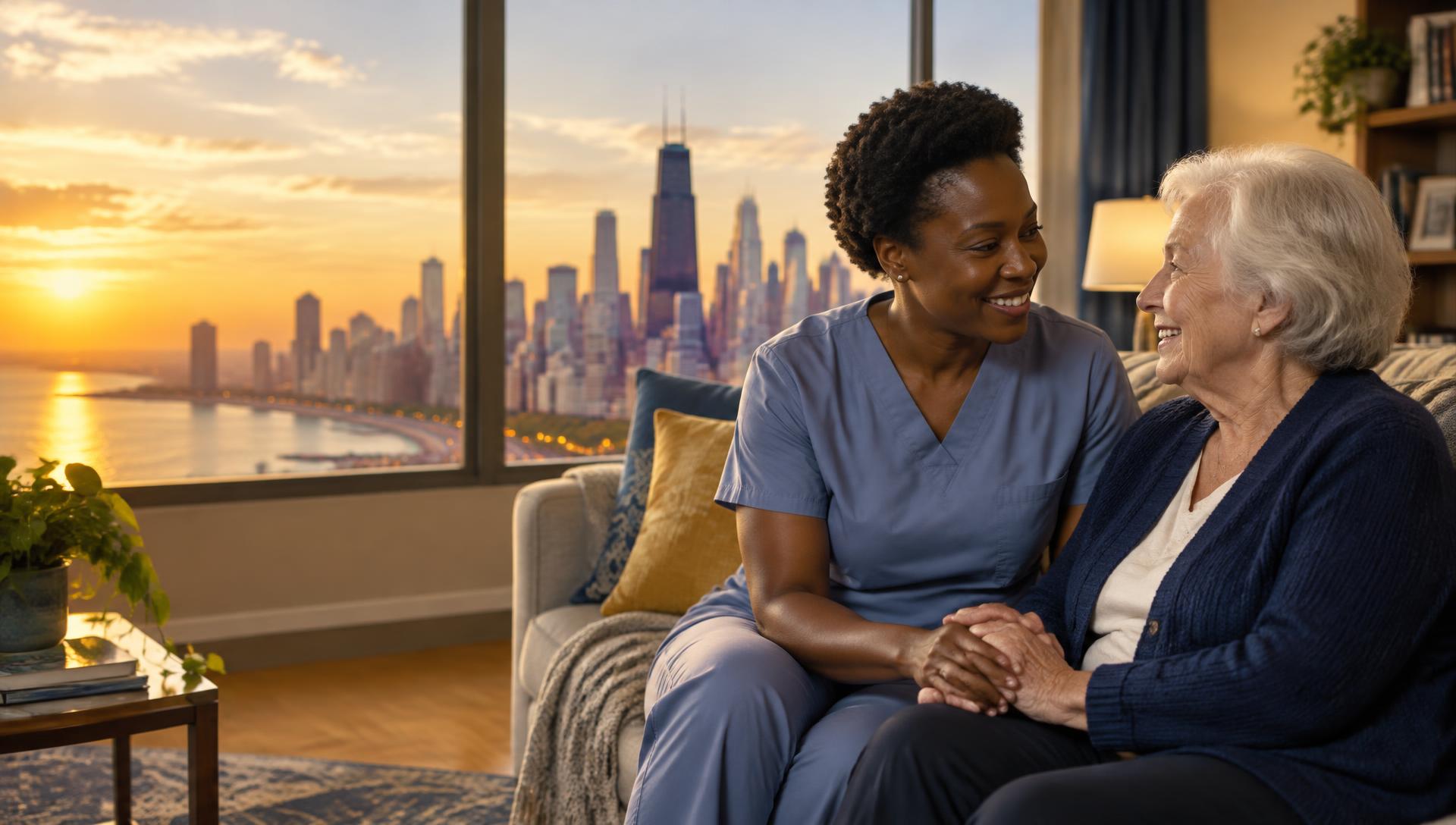 A caregiver warmly holding hands with an elderly woman in a sunlit living room, with the Chicago skyline visible through the window