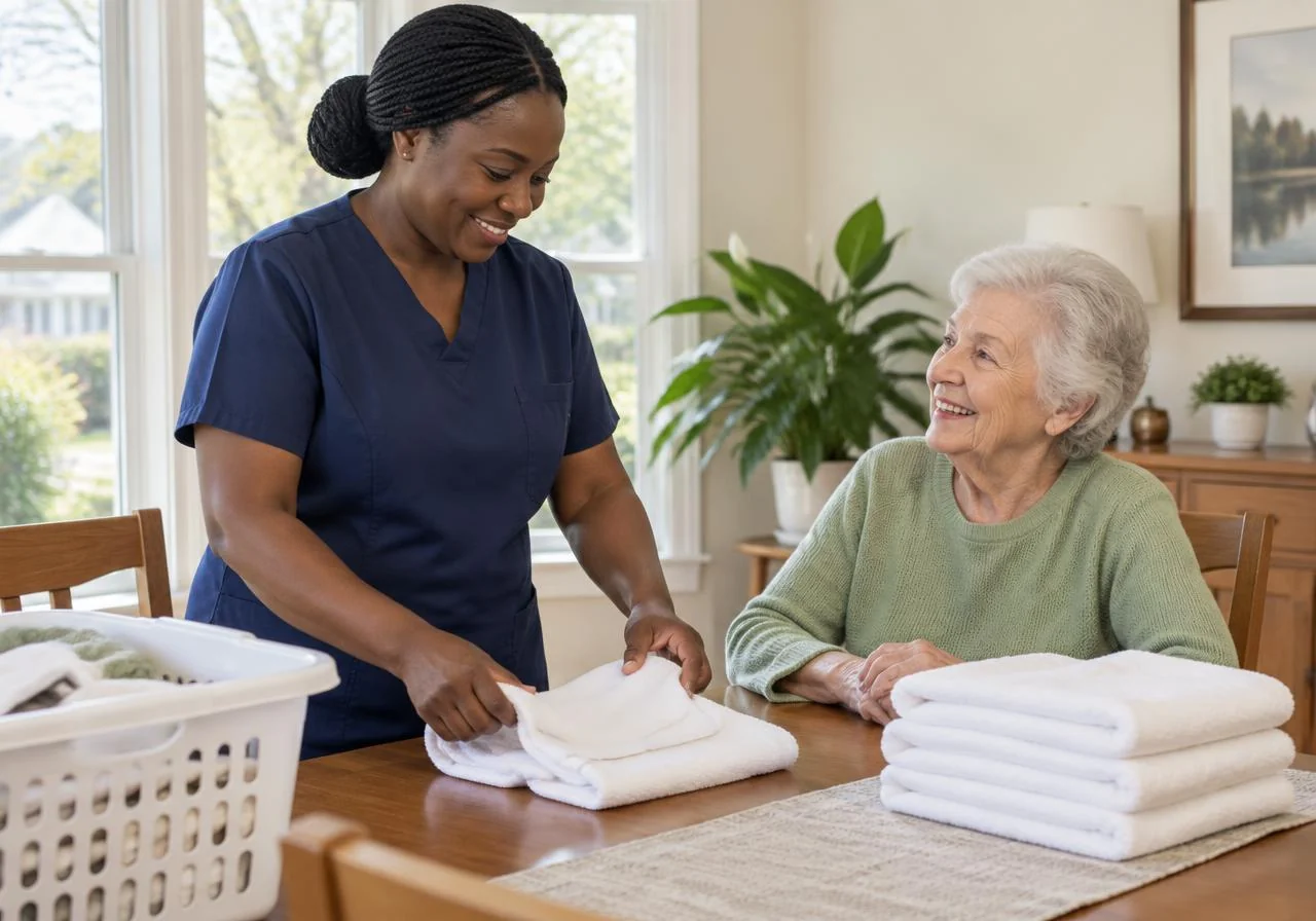 A caregiver in navy scrubs folding towels at a table while an older woman smiles beside her