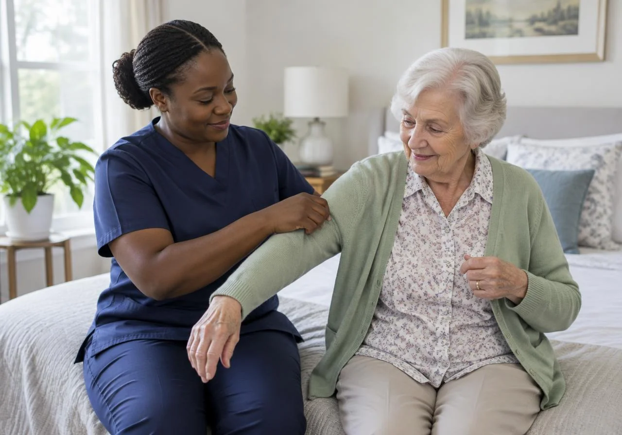 A caregiver in navy scrubs helping an older woman put on a green cardigan in her bedroom